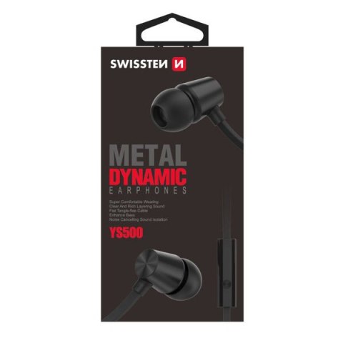 SWISSTEN YS500, słuchawki z mikrofonem, bez regulacji głośności na przewodzie, czarna, 2.0, douszne typ 3.5 mm jack
