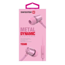 SWISSTEN YS500, słuchawki z mikrofonem, bez regulacji głośności na przewodzie, różowa, 2.0, douszne typ 3.5 mm jack