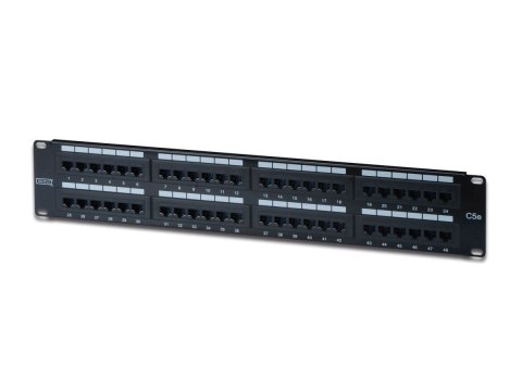 Patch panel 19" 48 portów, kat.5e, U/UTP, 2U, czarny (kompletny)