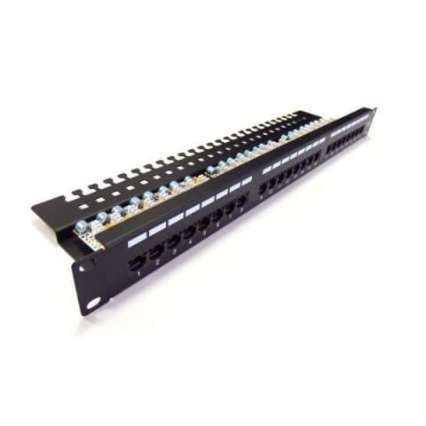 Panel krosowy (patch panel) 19'' 24x RJ45, kat.6, ekranowany, LSA poziom, prowadnica kabli, pola opisowe, 1U, czarny (kompletny)