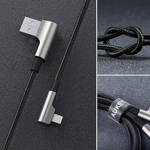 CB-AL01 OEM kabel 90° Lightning - USB-A 2m MFi Apple kątowy wtyki 90 stopni nylonowy oplot czarny