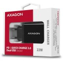 ACU-PQ22 Ładowarka sieciowa, PD & QC 22W, 2x port (USB-A + USB-C), PD3.0/QC3.0/AFC/FCP/Apple, czarna