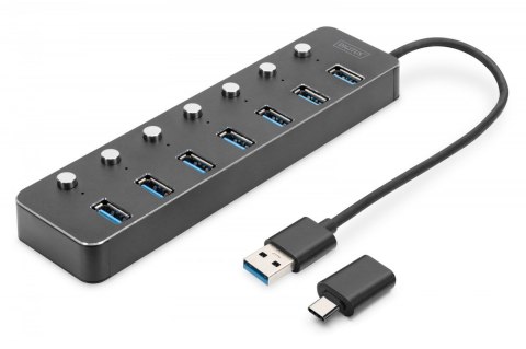 Hub USB 3.0/Koncentrator 7-portowy USB A + adapter USB-C 5Gbps z wyłącznikami, aluminiowy, aktywny