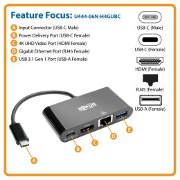 Wieloportowy adapter USB-C 4K HDMI, port USB-A, GbE, ładowanie PD 60 W, HDCP U444-06N-H4GUBC Czarny