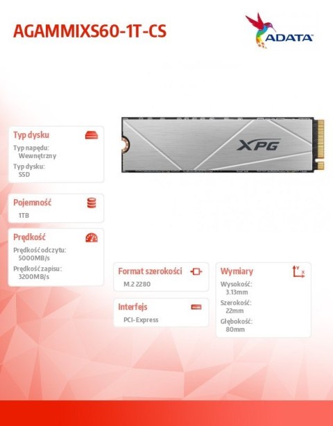 Dysk SSD XPG S60 1TB PCIe 4x4 5/3.2GB/s M2