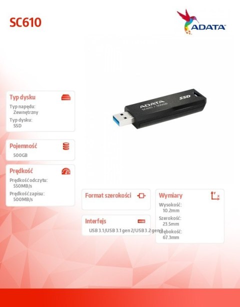 Dysk SSD zewnętrzny SC610 500GB USB3.2A Gen2 czarny