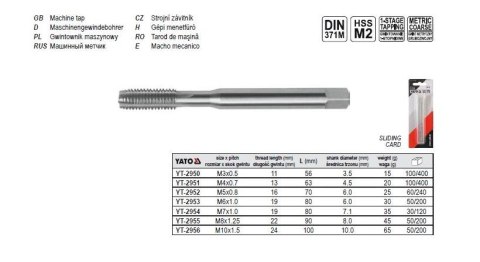 YATO GWINTOWNIK MASZYNOWY M10, DIN 371 HSS M2 2956