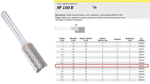 KLINGSPOR FREZ DO METALU HF 100 B FI=6,0x18mm TRZPIEŃ 6mm TYP ZYAS, WALCOWY