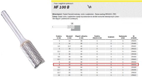 KLINGSPOR FREZ DO METALU HF 100 B FI=8,0x19mm TRZPIEŃ 6mm TYP ZYAS, WALCOWY