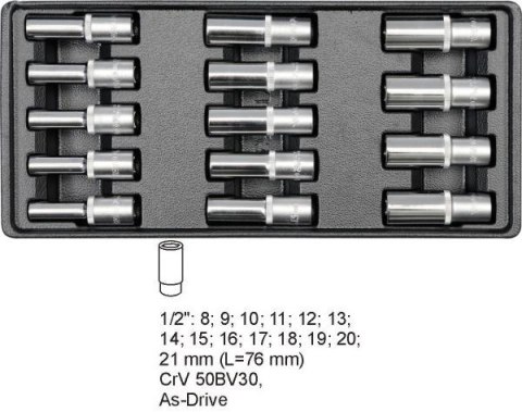 YATO WKŁADKA DO SZUFLADY NASADKI DŁUGIE 1/2" 14 elem. 8-21mm 5539