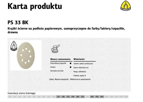 KLINGSPOR KRĄŻEK ŚCIERNY SAMOPRZYCZEPNY 125mm PS33BK gr.400 GLS5 8-OTWORÓW/100szt.