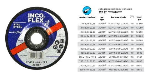 INCOFLEX TARCZA DO SZLIFOWANIA METALU 230 x 6,0 x 22,2mm WYPUKŁA