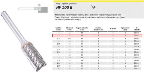 KLINGSPOR FREZ DO METALU HF 100 B FI=3,0x14mm TRZPIEŃ 3mm TYP ZYAS, WALCOWY