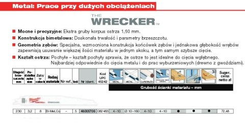 MILWAUKEE BRZESZCZOT DO PIŁY SZABLASTEJ 230mm WRECKER 5szt METAL / INOX