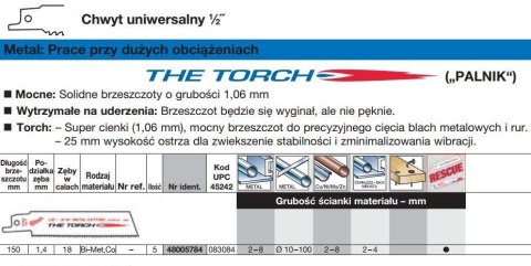 MILWAUKEE BRZESZCZOT DO PIŁY SZABLASTEJ 150/1,4mm TORCH BIMETAL 5szt. DO METALU