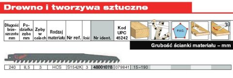 MILWAUKEE BRZESZCZOT DO PIŁY SZABLASTEJ 240/8,5mm HCS 3szt. DREWNO