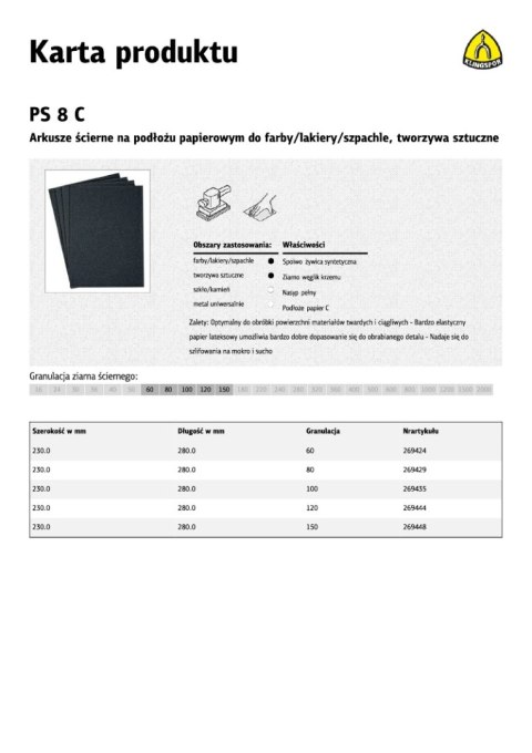 KLINGSPOR ARKUSZE ŚCIERNE NA PODŁOŻU PAPIEROWYM 230mm x 280mm PS8C NA MOKRO gr. 100 /50szt.