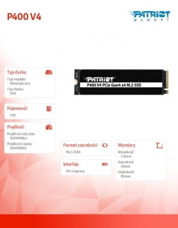 Dysk SSD 1TB P400 V4 6000/5000 MB/s M.2 PCIe Gen4 x4 NVMe 2.0