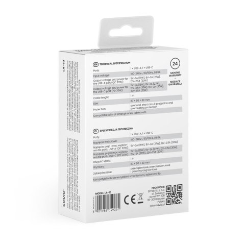 Ładowarka sieciowa LA-10 30W Quick Charge Power Delivery 3.0 Biała + Kabel