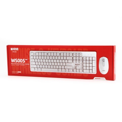 Marvo WS005 WH, klawiatura z myszką bezprzewodową, US, biurowy, biała