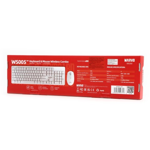 Marvo WS005 WH, klawiatura z myszką bezprzewodową, US, biurowy, biała