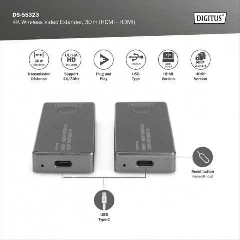 Przedłużacz/Extender HDMI bezprzewodowy 30m UHD 4K30Hz audio (zestaw)