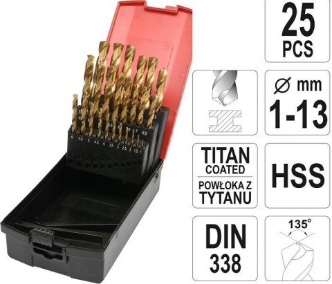 YATO ZESTAW WIERTEŁ DO METALU HSS-TiN 25szt. 1-13mm