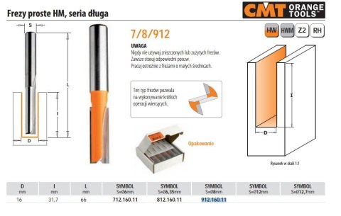 CMT FREZ HM D=16 I=31,7 L=66 S=8 PROSTY, DŁUGI.
