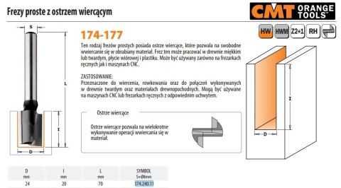 CMT FREZ HM D=24 I=20 L=70 S=8... PROSTY, Z OSTRZEM WIERCĄCYM.