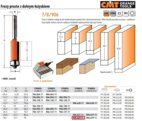 CMT FREZ HM I=38,1 D=12,7 S=12DOLNE ŁOŻ. PROSTY Z ŁOŻYSKIEM DOLNYM.