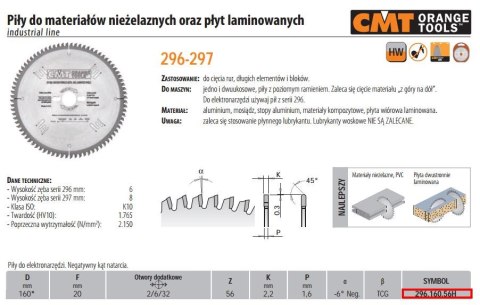 CMT PIŁA DO CIĘCIA MATERIAŁÓW NIEŻELAZNYCH,PCV ORAZ PŁYT LAMINOWANYCH HW D=160 F=20 Z=56 K=2,2/1,6