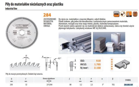 CMT PIŁA HM 250x32x3,2/2,5 Z=80 DO MATERIAŁÓW NIEŻELAZNYCH I PLASTIKU