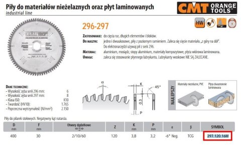 CMT PIŁA HW D=400 F=30 Z=120 K=3,8/3,2 DO MATERIAŁÓW NIEŻELAZNYCH, PCV, PŁYT LAMINOWANYCH