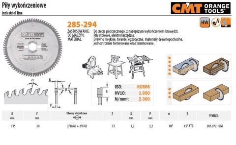 PIŁA DO CIĘCIA POPRZECZNEGO, OBRÓBKA WYKAŃCZAJĄCA D=315 F=30 Z=72N K=3,2/2,2