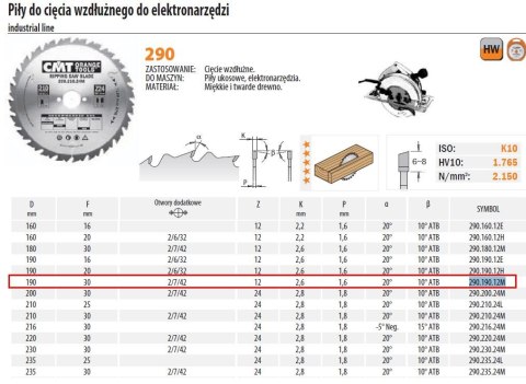 PIŁA HM 190x30x2,6/1,8 Z=12 CIĘCIE WZDŁUŻNE