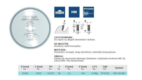 PIŁA HW D=165 F=20 Z=40 K=2,2/1,6 ALUMINIUM, MOSIĄDZ, KOMPOZYT