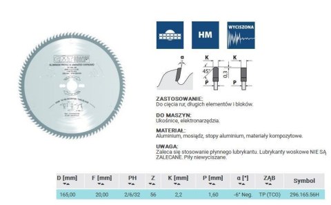 PIŁA HW D=165 F=20 Z=56 K=2,2/1,6 ALUMINIUM, MOSIĄDZ, KOMPOZYT