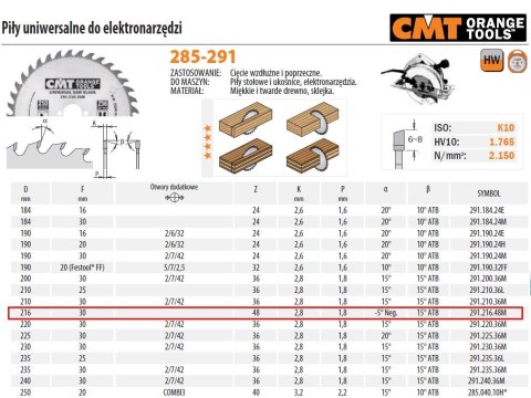 PIŁA UNIWERSALNA, DO CIĘCIA WZDŁUŻNEGO I POPRZECZNEGO HM 216x30x2,8/1,8 Z=48