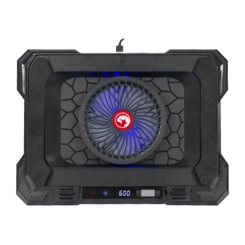 Stojak pod notebook, ATLAS 43, podświetlany, z wiatrakiem, czarny, Marvo, z 2-portowym hub-em