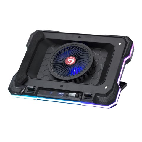 Stojak pod notebook, ATLAS 43, podświetlany, z wiatrakiem, czarny, Marvo, z 2-portowym hub-em