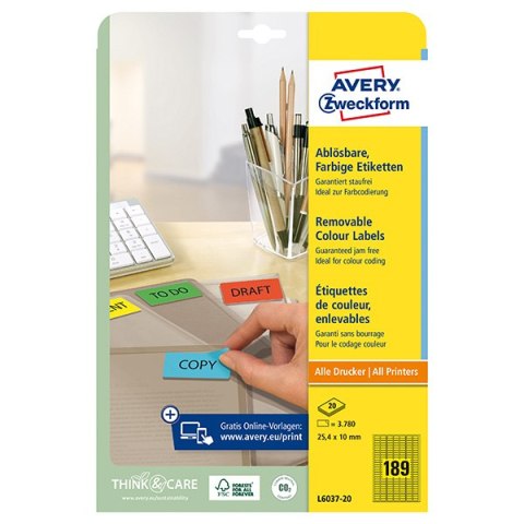 Avery Zweckform etykiety 25.4mm x 10mm, A4, żółte, 189 etykiety, mini, odklejalne, pakowane po 20 szt., L6037-20, do drukarek la