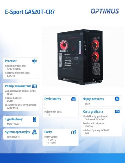Komputer E-Sport GB550T-CR4 Ryzen 7 5800X/16GB/1TB/RTX 4060 EAGLE OC 8G/W