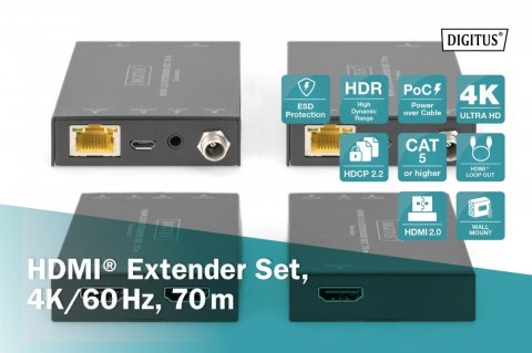 Przedłużacz / Extender HDMI 70m po skrętce kat.5e/6/7 4K 60Hz PoC (Power over Cable) (zestaw)