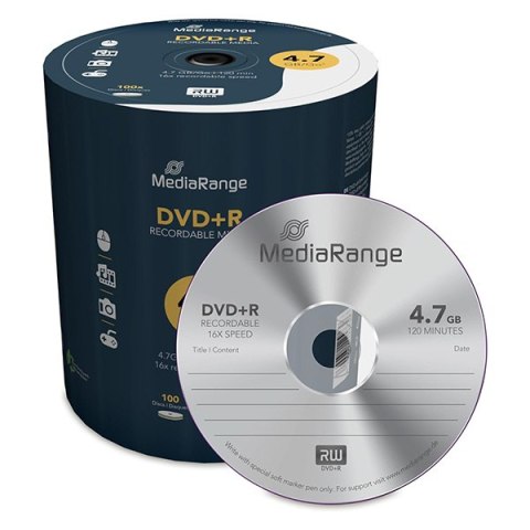 MediaRange DVD+R, mr443, 4.7GB, 16x, spindle, 100-pack, bez możliwości nadruku, 12cm, do archiwizacji danych