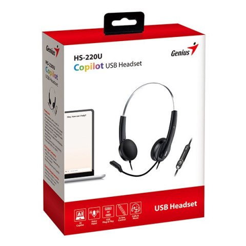 Genius HS-220U AI słuchawki z mikrofonem, przewodowa, czarna, 2.0, zamykane, USB - C