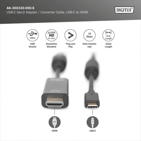 Kabel USB Type-C/HDMI M/M USB 3.1 Gen.2 SuperSpeed+ 4K/60Hz 18Gbps 5m czarny