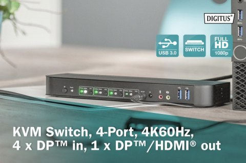 Przełącznik KVM, 4 portowy, 4K 60Hz, 4x DP IN, 1x DP OUT, 1x HDMI OUT, 2x USB A, 1x Audio IN&OUT