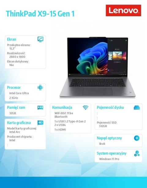 Ultrabook ThinkPad X9 G1 21Q60005PB W11Pro Ultra 5 228V/32GB/512GB/INT/15.3 OLED/Grey/3YR Premier + CO2 Offset