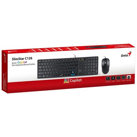 Genius SlimStar C126 COPILOT zestaw klawiatura przewodowa (USB) CZ/SK, czarna z optyczną myszką, niski profil