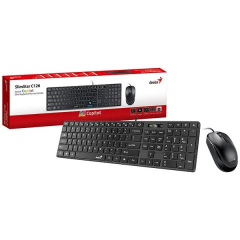 Genius SlimStar C126 COPILOT zestaw klawiatura przewodowa (USB) CZ/SK, czarna z optyczną myszką, niski profil